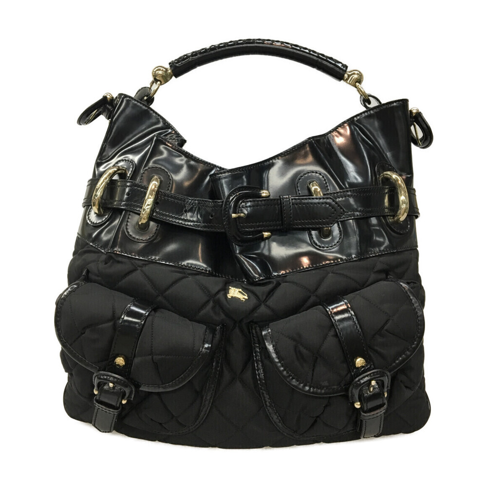 Burberry Black Quilted Patent Leather Bromley Hobo Bag Black